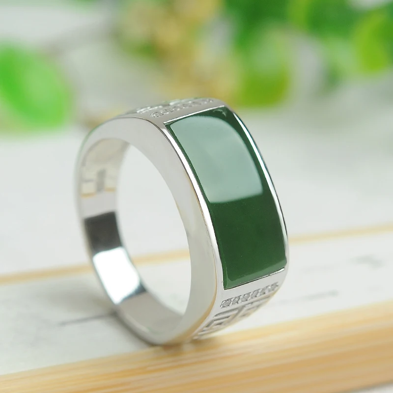 Хе Тиан Ю мужское кольцо Серебряно инкрустированное нефритовое натуральное с