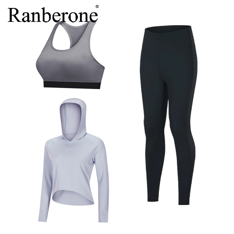 

Ranberone 3 Piece Set Long Sleeve Yoga Gym Clothing Suits Stretch Slim Fitness Sportswear Women's Tracksuit Bicycles Running Set