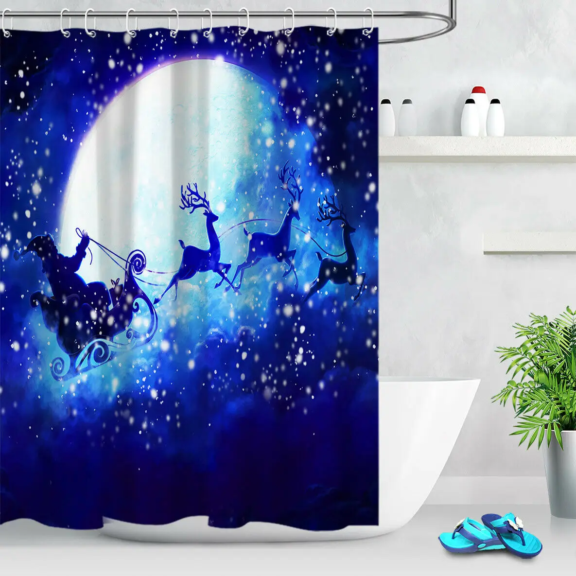 

Christmas Moon Snowflake Santa Claus Bathroom Shower Curtain Waterproof Fabric