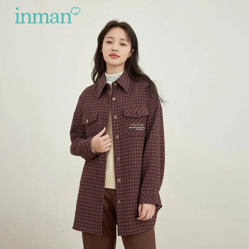 INMAN Women's Blouse Autumn Winter Casual Classic Plaid With Belt Pocket Buttons Loose All-match Thick Shirt