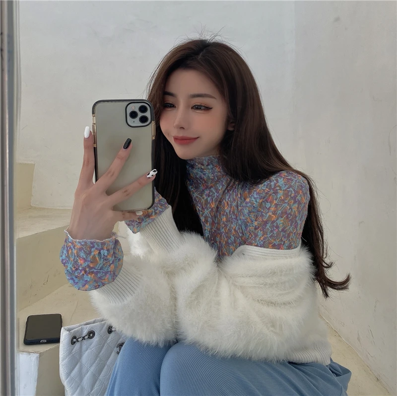 

Top Printing Lace Flower South Korea Beautiful Warm Color Department Main Burning Turtleneck Base Knit Coat Soft Waxy Sweater