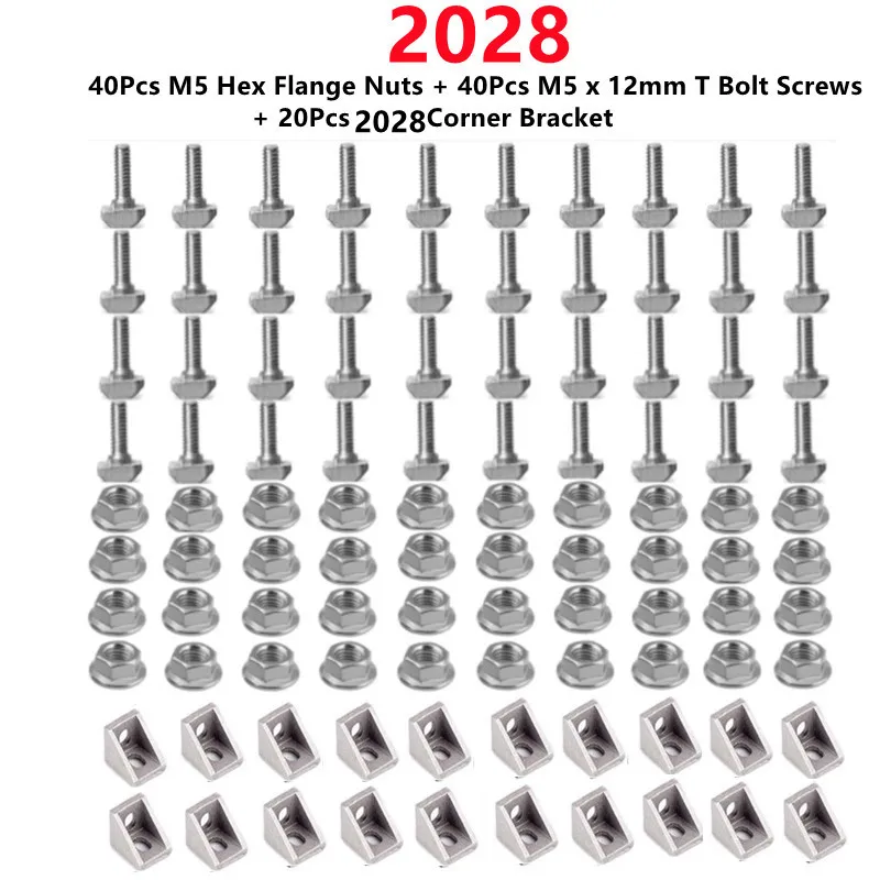 

20Set 2028 Aluminum Profile Connector Set: 40Pcs M5 Hex Flange Nuts + 20Pcs 2028 Corner Bracket + 40Pcs M5 x 12mm T Bolt Screws