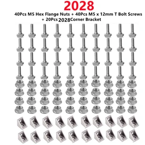 20Set 2028 Aluminum Profile Connector Set: 40Pcs M5 Hex Flange Nuts + 20Pcs 2028 Corner Bracket + 40Pcs M5 x 12mm T Bolt Screws