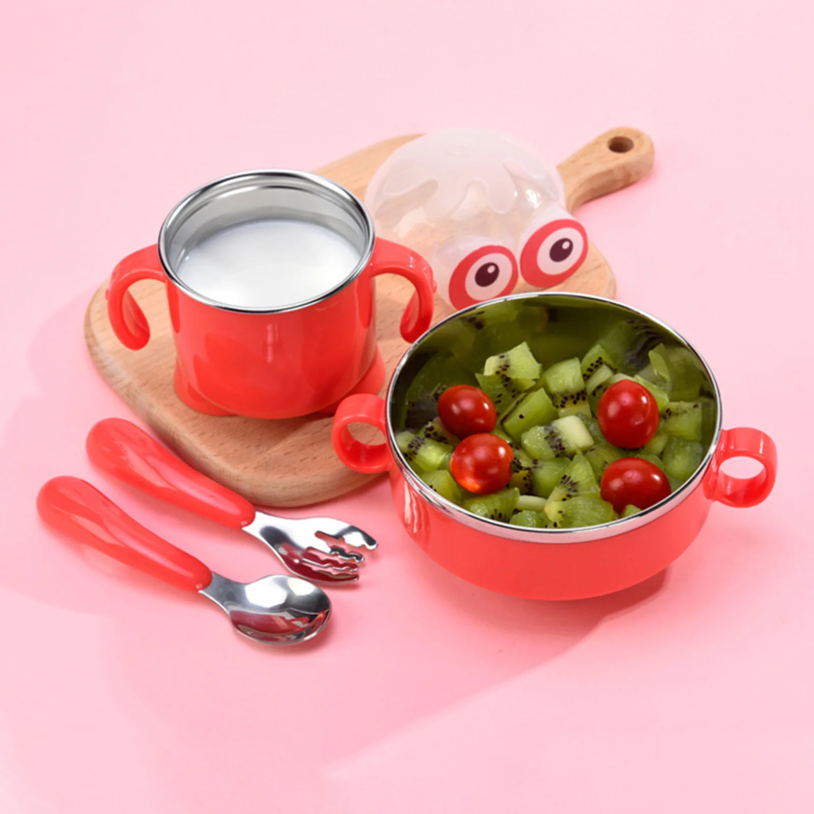 

Set Bowl Milk Cup Spoon Fork Both Bowl Cup Come With Removable Lid Stainless Steel Cute Tableware Safe 4pcs Cutlery For Babies