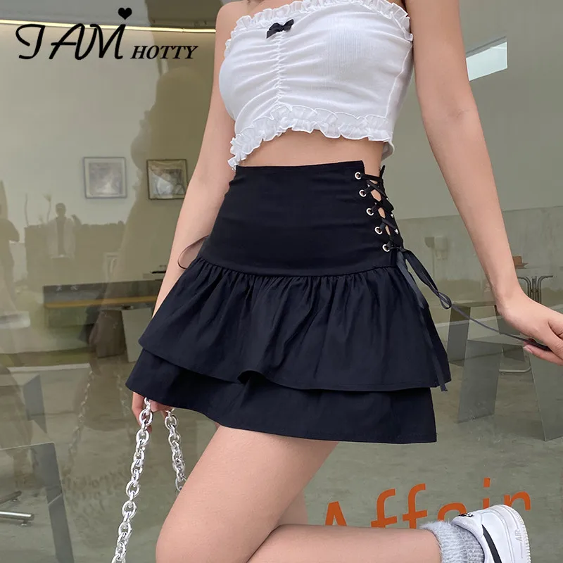 

Solid Black Lace-up Tiered Layered Mini Skirt Women Kawaii Dark Academia Gothic Korean Fashion Pleated Skirts Girls Iamhotty