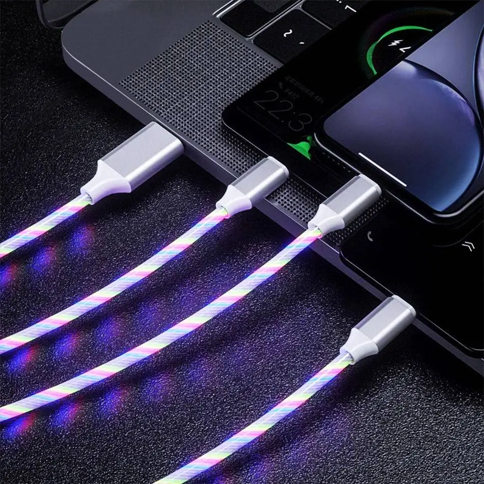 3 в 1 светодиодный светящийся плавный свет usb-кабель для передачи данных и Тип Кабеля C/Micro USB/8 Pin светящиеся Зарядное устройство провод мобильного телефона яркие зарядка PD шнур - Цвет: Colorful