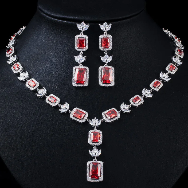 Red CWWZircons квадратный вырез красный фианит камень для женщин Свадебная вечеринка ожерелье ювелирные изделия комплекты для невест костюм аксессуары T369 - Окраска металла: Red