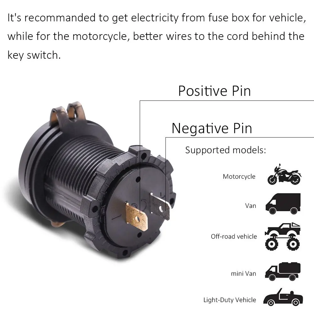 

Dual USB Charger Socket Waterproof Power Outlet 2.1A 2.1A with Voltmeter & Wire in-line 10A Fuse for 12-24V Car Boat Motorcycle