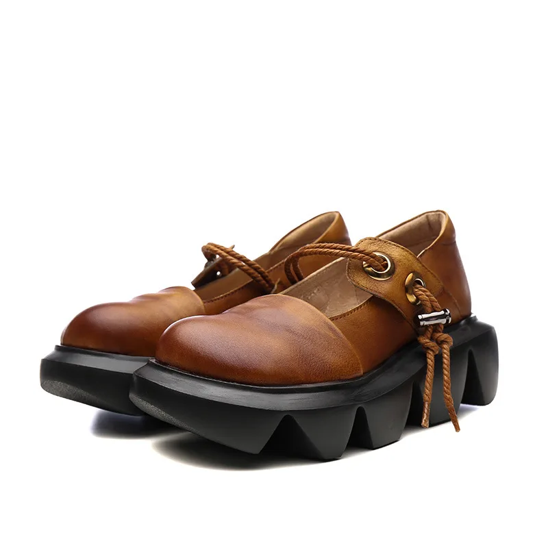 

Johnature Pumps Women Shoes Platform Heels Genuine Leather 2021 New Spring Retro Round Toe Casual Handmade Concise Ladies Shoes