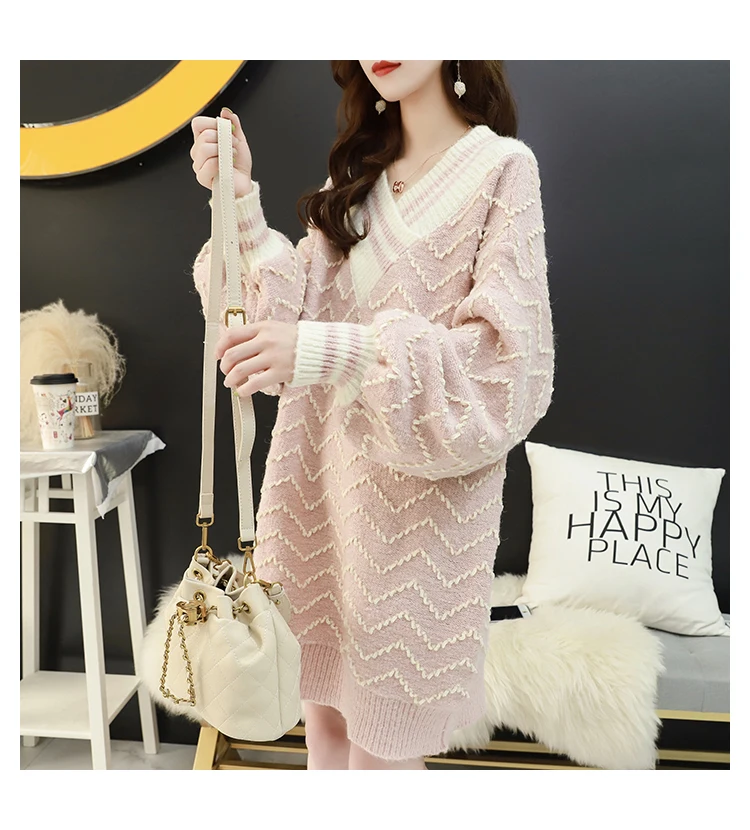 HF19236 Pink H. SA женские свитера с низким v-образным вырезом, сексуальные с большим вырезом, полосатые волнистые длинные свитера с рукавами-фонариками, кашемировый свитер, женский корейский джемпер - Цвет: HF19236 Pink