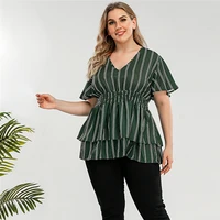 top woman big size fashion women blouses 2021 elegant summer tunics for full cascading ruffles striped dark green tunics women