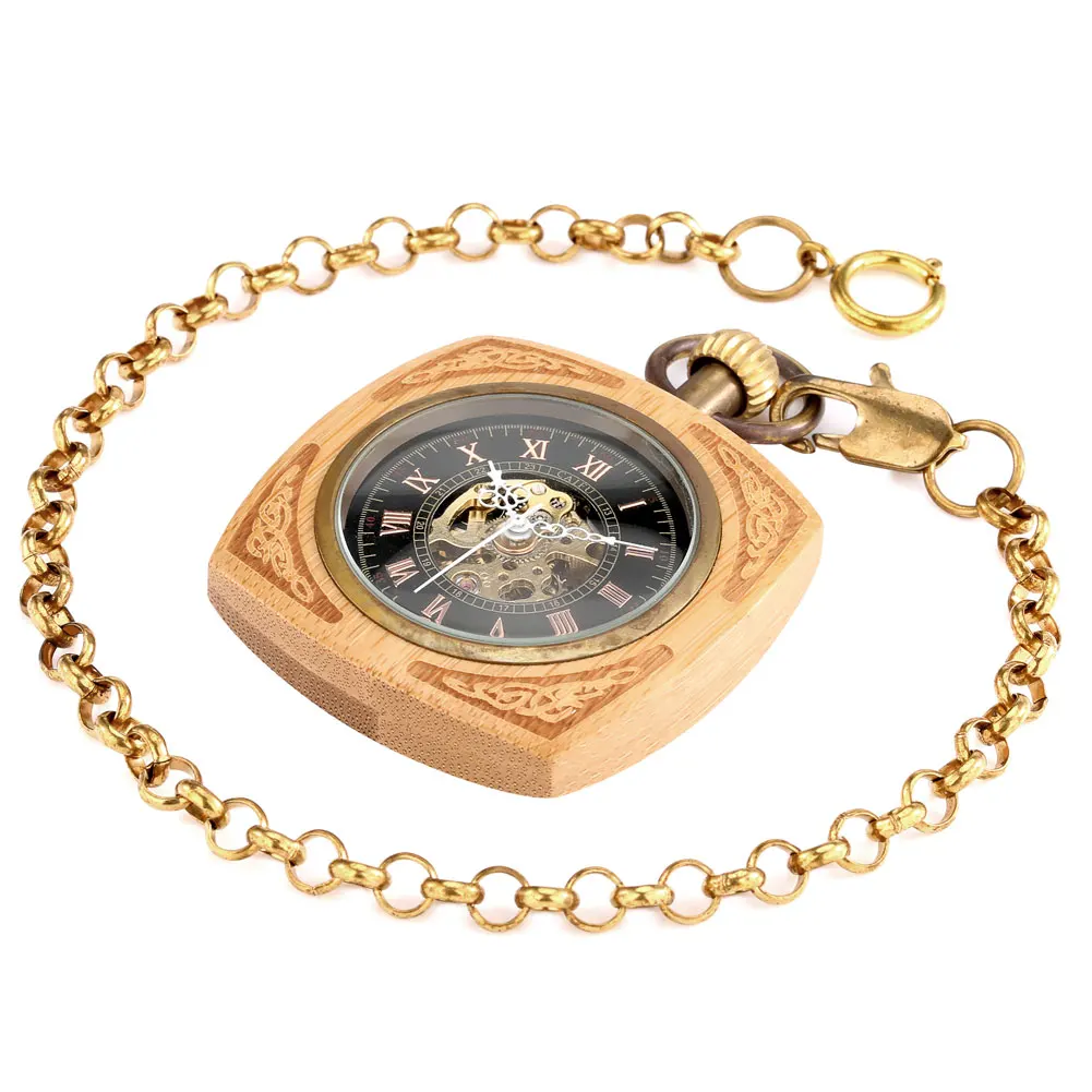 

Special Men's Without Cover Square Bamboo Automatic Mechanical Pocket Watch Digital Black watch Face Alloy Pendant Necklace Male