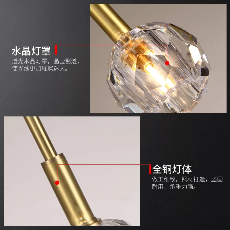 

Postmodern single head K9 crystal LED copper hanging lamp dining table lights bedroom bedside restaurant pendant lights lighting