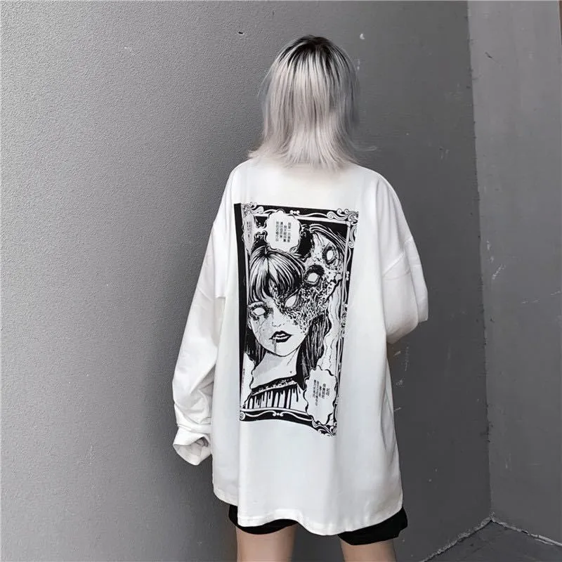 

Loose White Summer Funny Printed Cartoon Funny Tee Japan Tee Printed T-shirt Kpop Hip Hop Loose Kpop Tshirts Females Tops