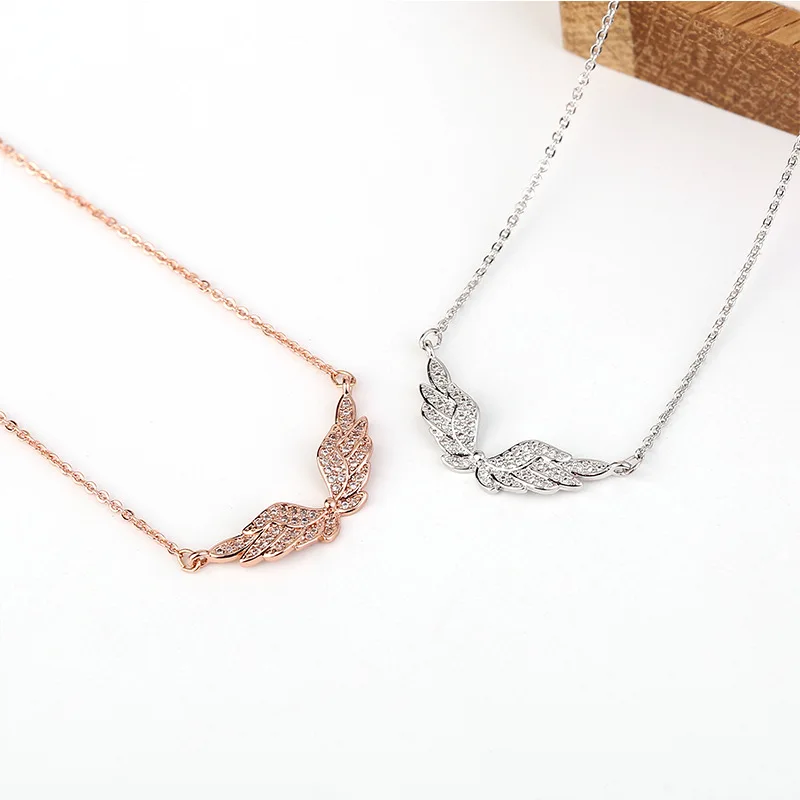 

Fashion Jewelry White Chain Birthday Present Pendant Ornaments Woman Angel Wing Necklace Zircon Clavicle