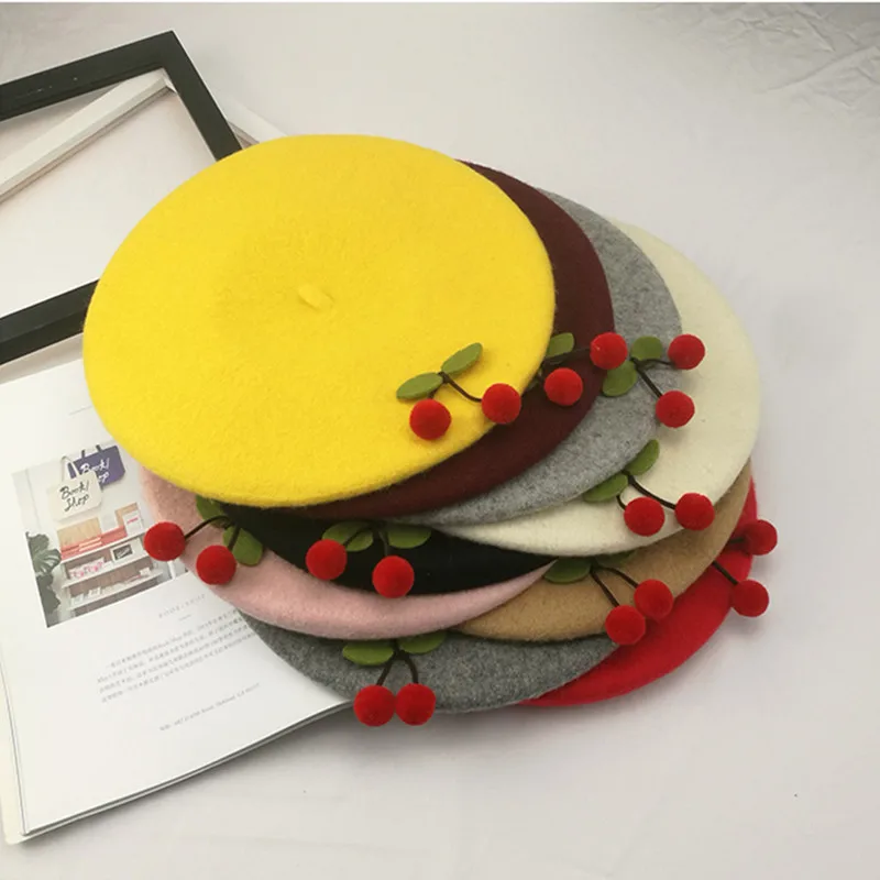 

Vintage Cherry Wool Beret Soft Sweet Women Fashion Autumn Winter Painter Hats