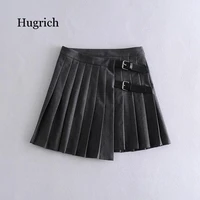 women sweet buckle decoration solid pleated mini skirt faldas mujer england style female casual slim chic vestido 2021