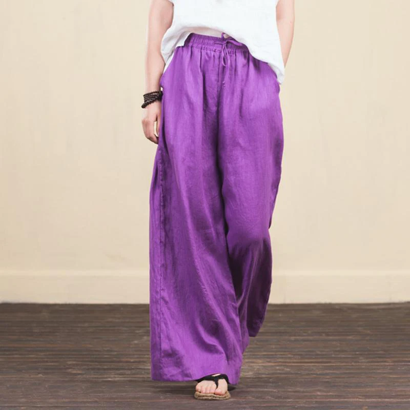 

Spring Summer Arts Style Women Elastic Waist Cotton Linen Wide Leg Pants Casual Folk Style White Straight Trousers Femme S672