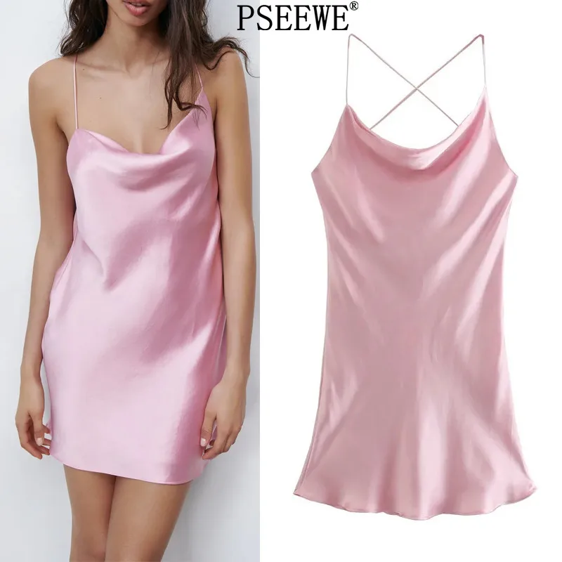 

PSEEWE Za Dress Women Pink Satin Short Dresses Summer Woman 2021 Backless Spaghetti Strap Sexy Dresses Ladies Club Night Dress