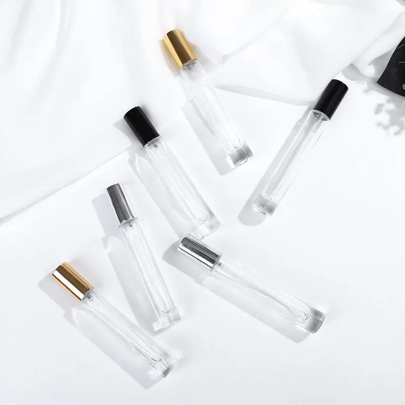 

Perfume Atomizer Refillable Spray Bottle Portable Point Bottling 10ml Cylinder Clear Glass Bottle Colorful Plastic Cap 25pcs/lot