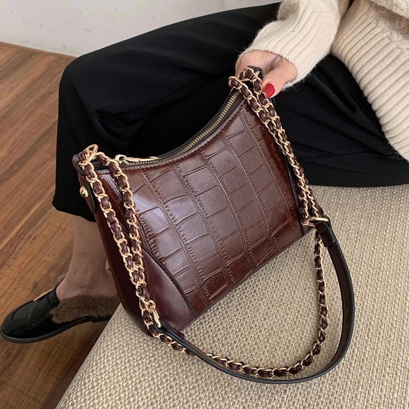 High Quality PU Leather Hobos Chain Shoulder Bags Women Crossbody Fashion Handbags Ladies Messenger Bag Female Purses 2020 | Багаж и сумки