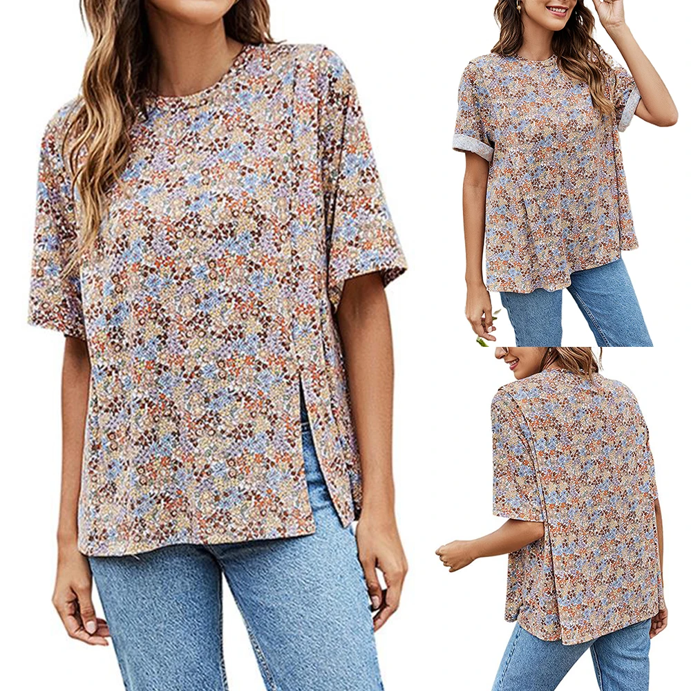 

Summer Women's 2021 Mid-sleeve Slit T-shirt O-neck Print Floral Female Loose Tops T-shirt Ladies Summer 2021 New Fashion Style