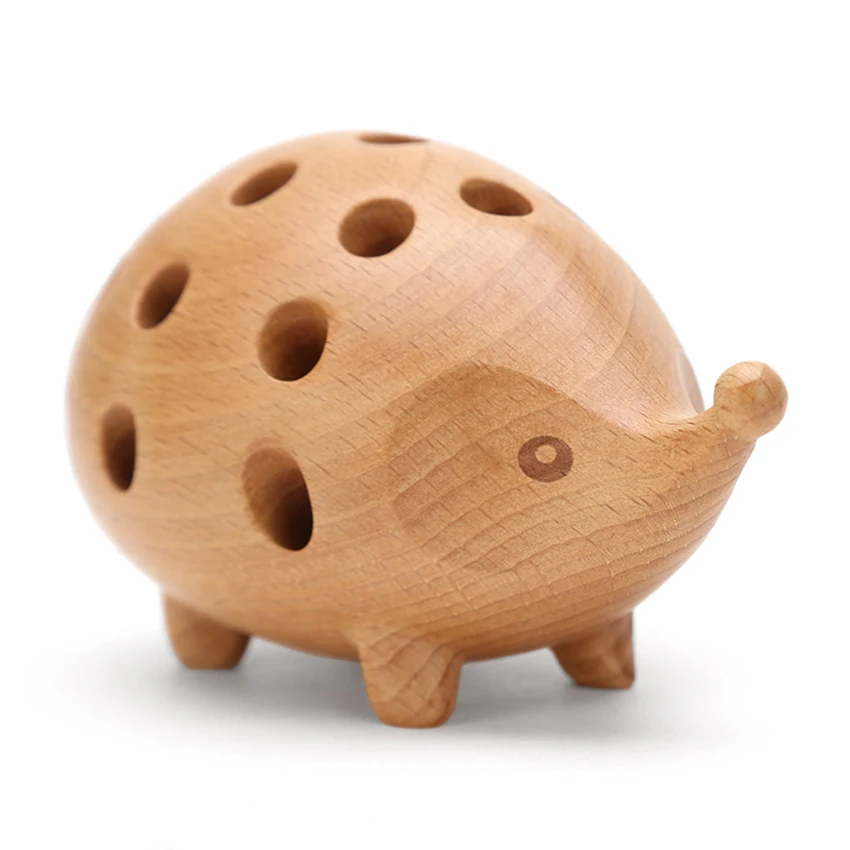 Hedgehog 24 Holes Pen Holder Wooden Desk Storage Pen Holders With 24 Colors Pencils, Office Home Decoration Ornaments Gifts