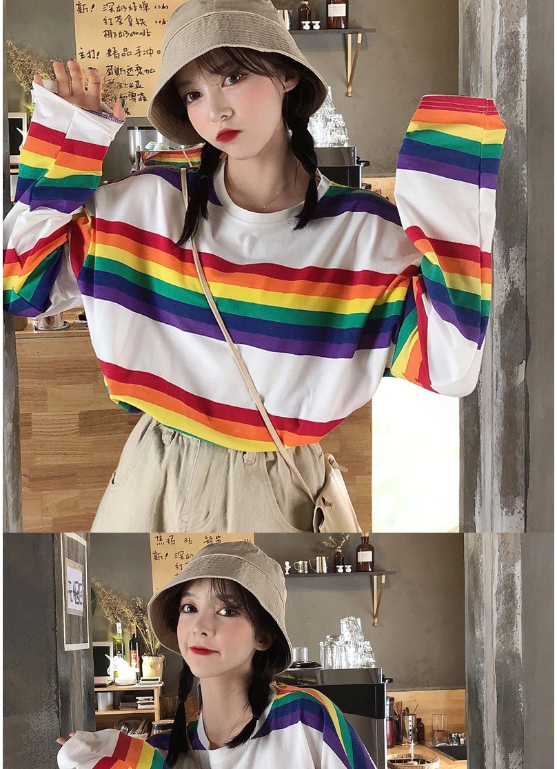Женская футболка SAutumn Топы в Корейском стиле Ulzzang Harajuku Радужная полосатая футболка для женщин футболка с длинными рукавами женская повседневная одежда