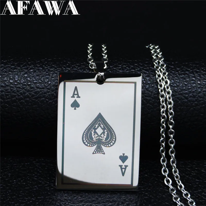 

Playing Cards Spades A Stainless Steel Chain Necklace Men Silver Color Punk Long Necklace Jewelry cadenas para hombre N2001S2