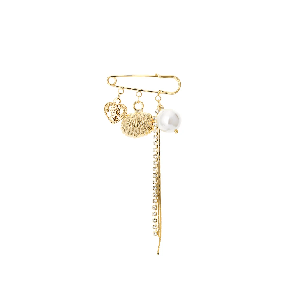 Yhpup Trendy Copper Charm Metal Shell Tassel Brooches Imitation Pearls Round Portrait Zirconia Exquisite Brooch Pins for Women