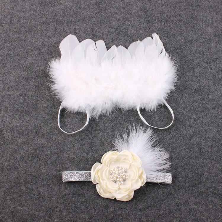 

New Fashion Newborn Baby Kids Feather Lace Headband & Angel Cute Wings Flowers Photo 2 PCS Set Props Newborn Photography Props