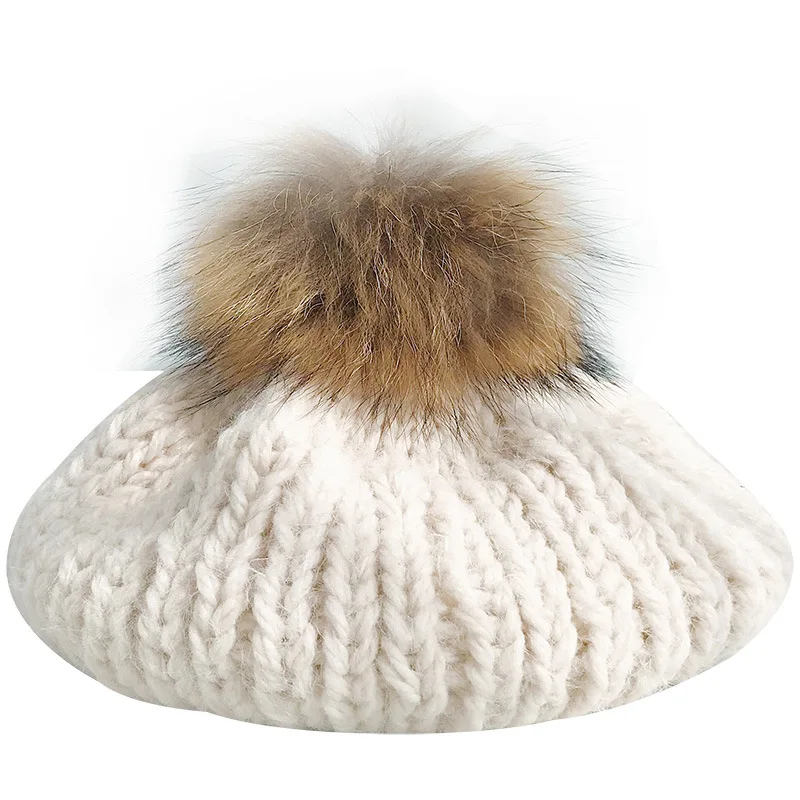 Берет с шариками из натурального меха женские шапки художника Зимние береты