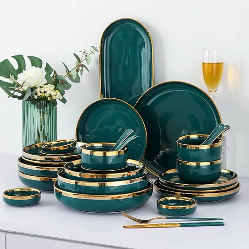 Ceramic Dinner Plates Dinnerware Set Dishes Luxury Green Foo