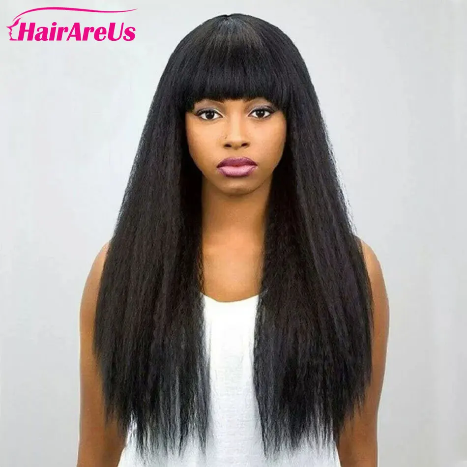 

30 дюймов Yaki прямые человеческие волосы челки парики Remy курчавые прямые бразильские волосы челки парик черные женские безклеевые парики маш...