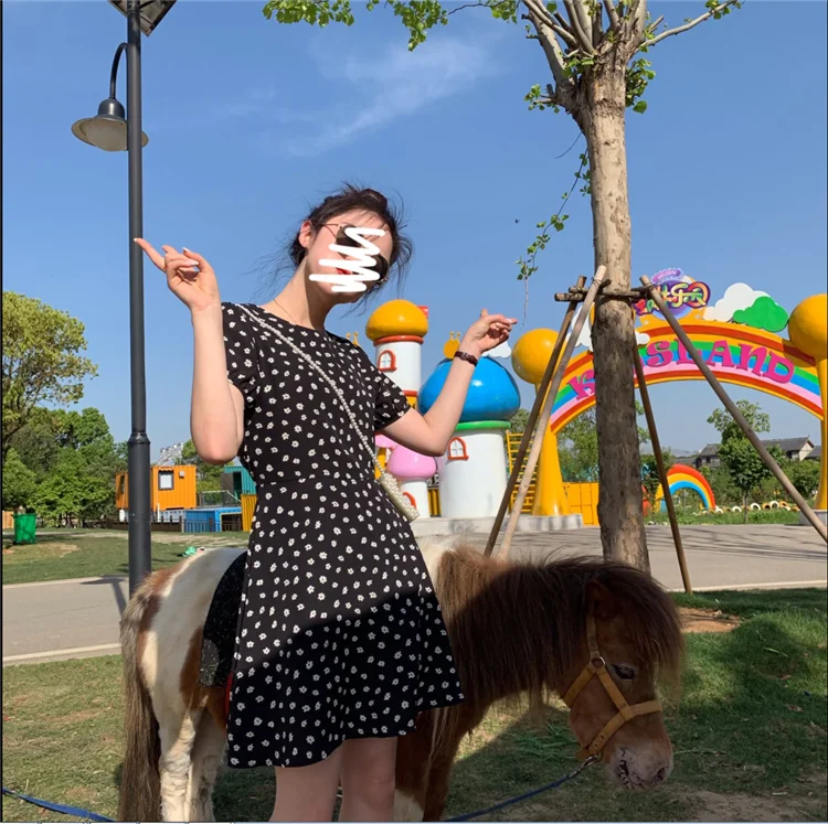 Женское шифоновое мини-платье милое черное платье с круглым вырезом и цветочным