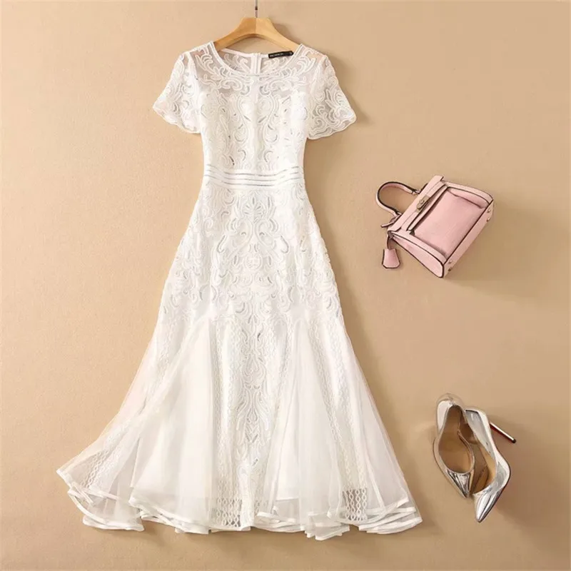 

Summer Fashion Designer Vintage Embroidery Mesh Party Dresses for Women Clothing 2021 Short Sleeve Midi Sexy Trumpet Vestidos