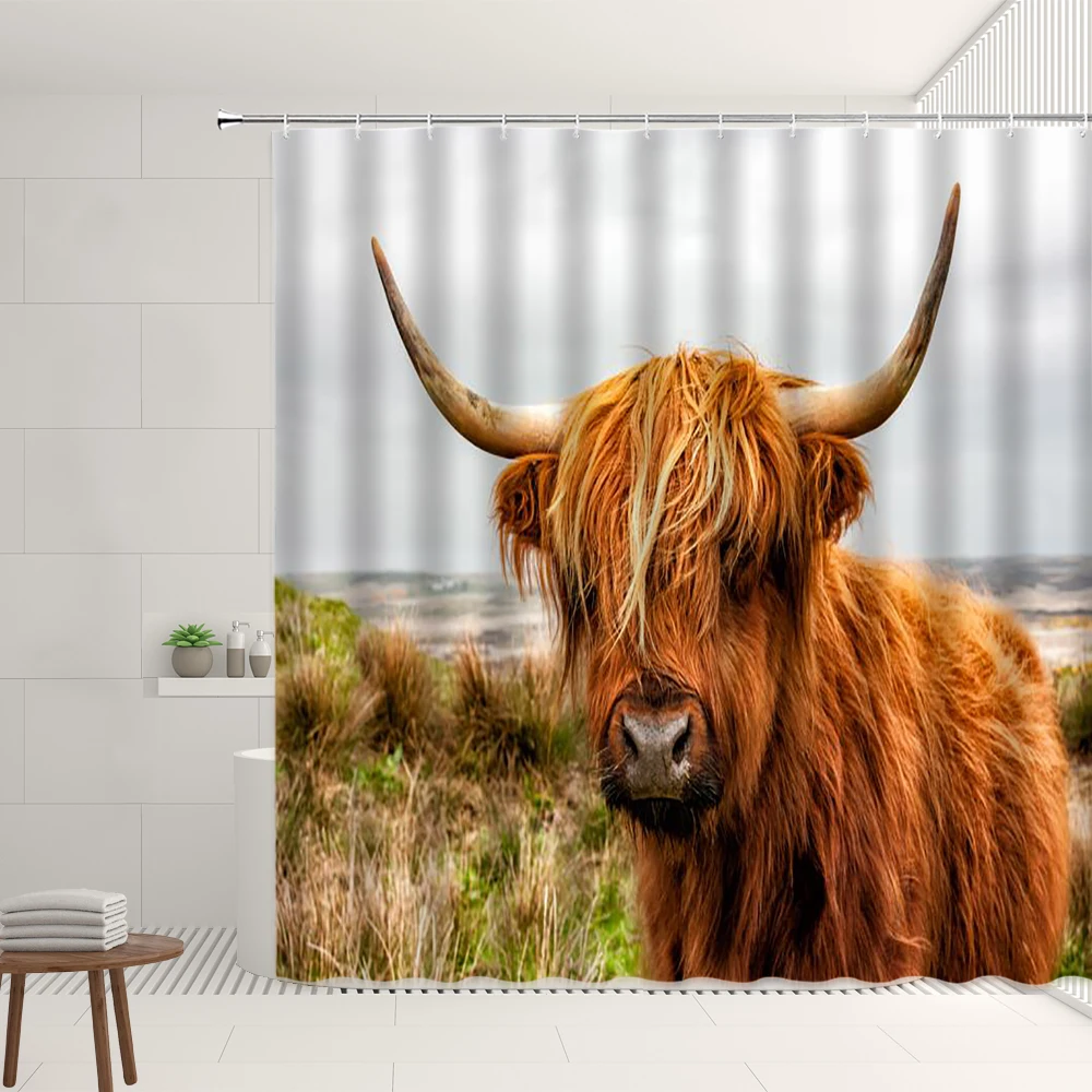 

Farm Animal Shower Curtain Set Highland Cattle Green Grassland Country Road Pattern Home Decor Curtains Bathroom Bathtub Screens
