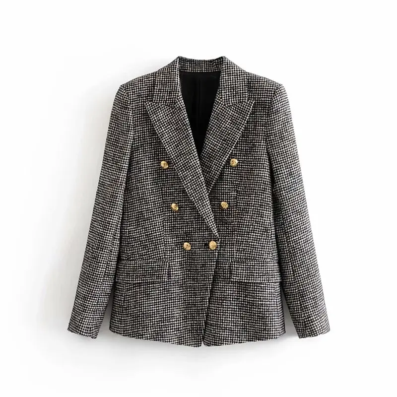 England women blazer elegant office lady Houndstooth Za blazer women outwear long sleeve double breasted female jacket blazer