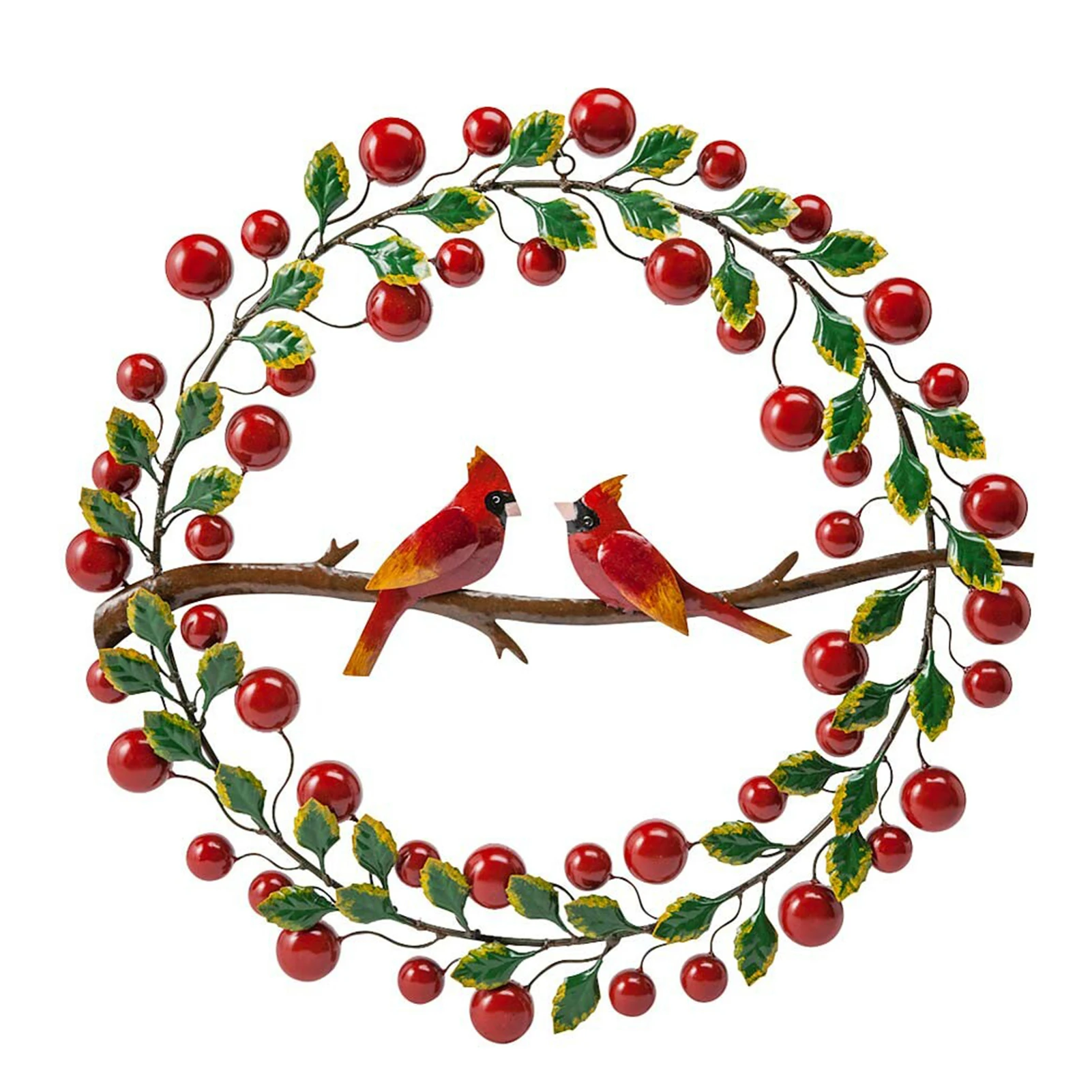 

Cardinals and Berries Metal Wreath Round Ring for Front Door Decoration Handcrafted Metal Wreath Artificial Decorations HFD889