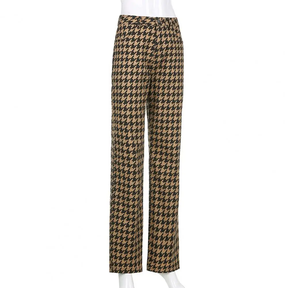 Retro Women High Waist Houndstooth Plaid Button Long Straight Pants Trousers