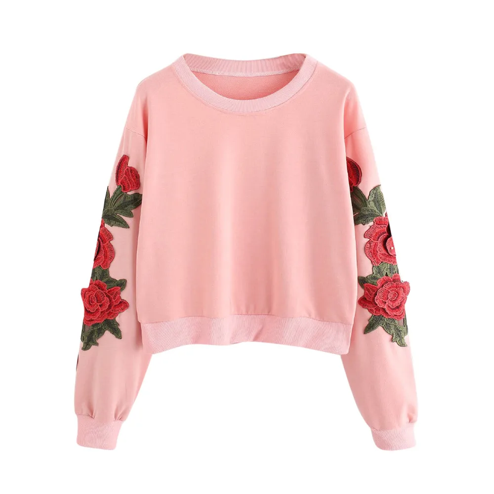 Женская толстовка с длинными рукавами и вышитой розой пуловер аппликацией