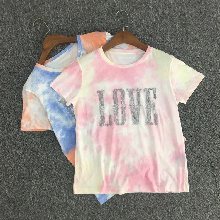 Женская футболка с принтом «Tie-dye», Женская хлопковая футболка с надписью «Hot Drilling LOVE», женская одежда с коротким рукавом и градиентом