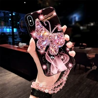 luxury butterfly diamond glisten crystal chain lanyard phone case for iphone 13 12 11 pro max x xs max xr 7 8 plus se2020 cover