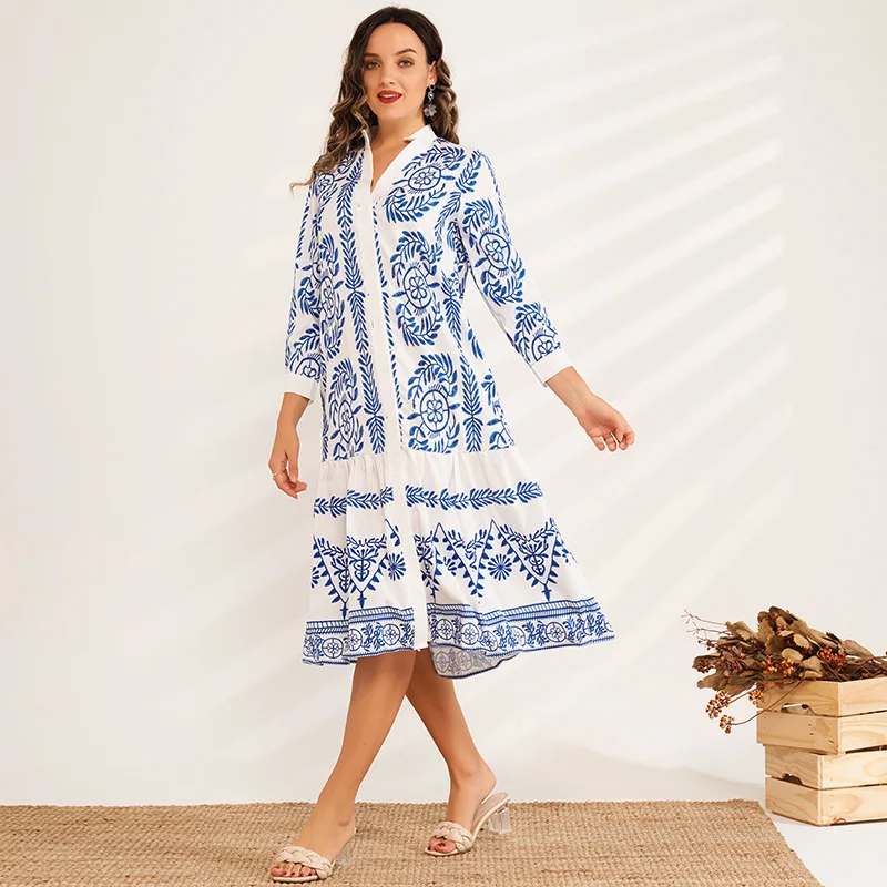 

New Spring Summer Women's Fashion Sweet Blue and White Porcelain Printing Mid-length V-neck Shirt Vacation All-match Dress