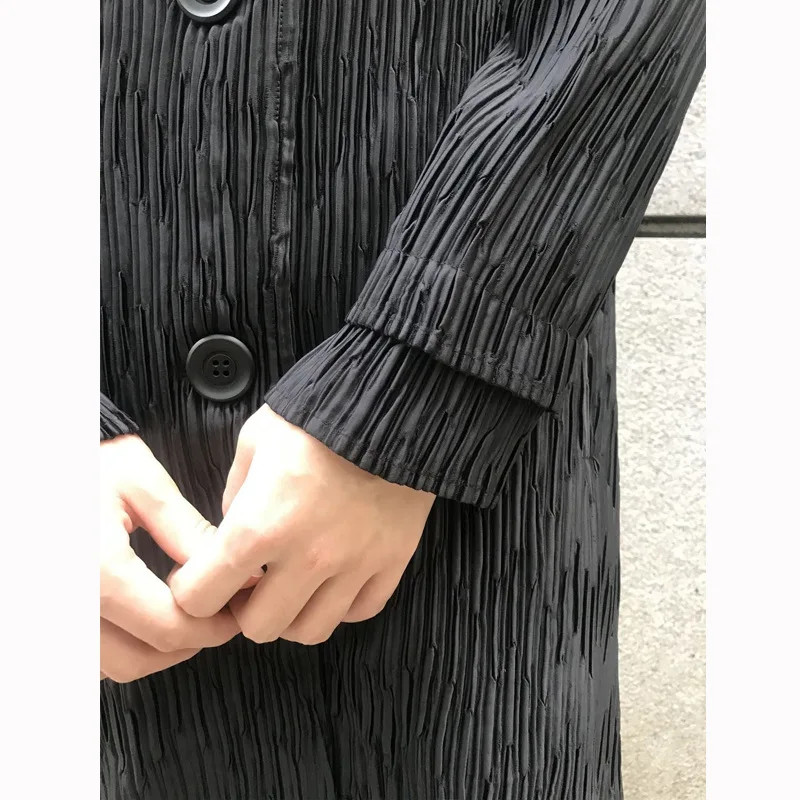 

HOT SELLING miyake turn-down collar long sleeve outerwear pleated single breasted solid Thicken outerwear IN STOCK