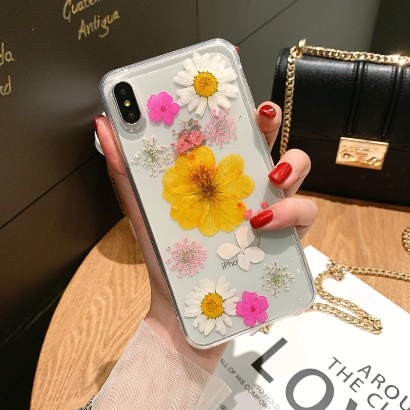 Чехол для телефона с высушенными прессованными цветами iPhone 11 X XS Max XR 6 6s 7 8 Plus Pro