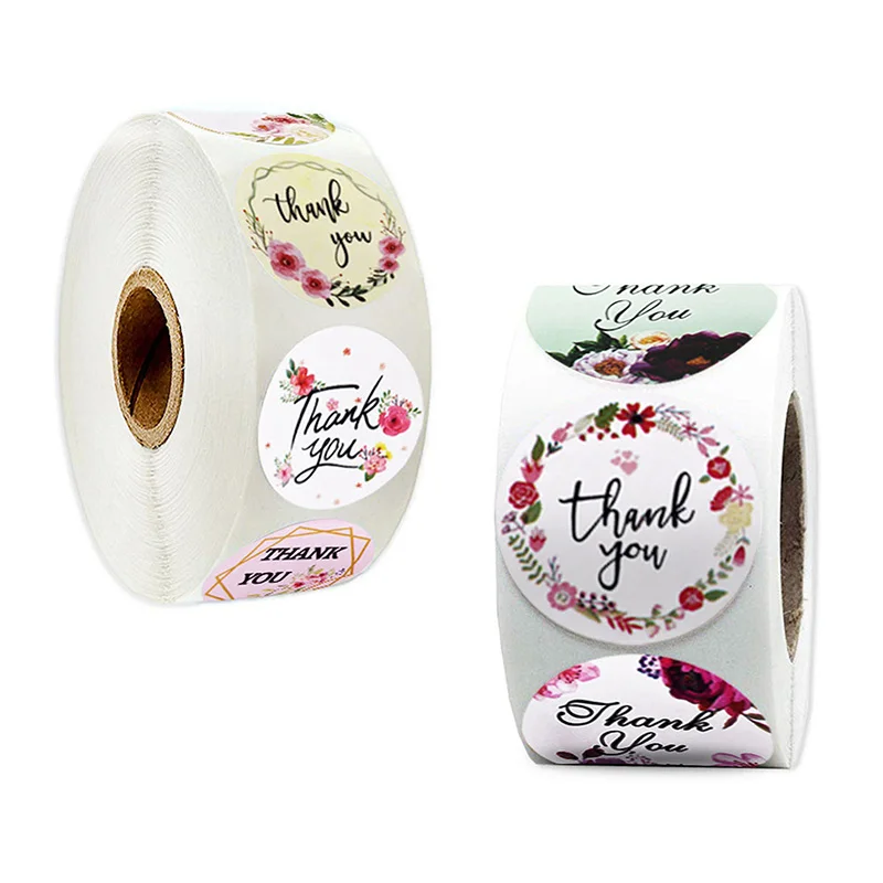 

500pcs/Roll 2 Designs Floral Thank You Stickers Round Package Seal Labels Paper Stationery Decoration Wedding Sticker