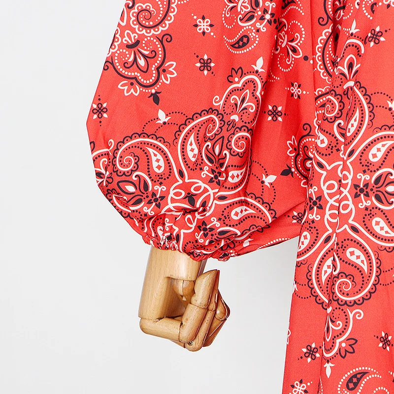 

Women Lace Up Dress Floral Print Lantern Sleeve High Waist Tunic Dress