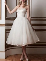 simple satin short wedding dresses knee length with ribbons bridal gowns elegant sweetheart tulle 2021