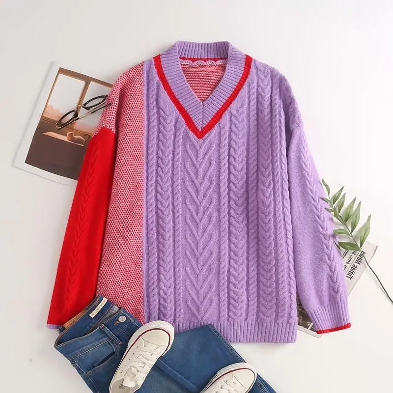 

Women Winter Sweater Pullovers V neck Patchwork Purple Haraju Jumpers Oversized Knit Loose Knitwear Twisted Winter Sweaters